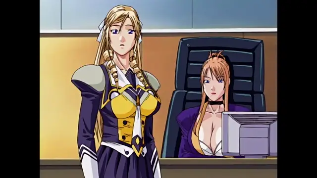 A blonde woman in a blue and yellow uniform stands in front of a seated brown-haired office worker who is wearing a low-cut purple shirt and looking at a computer screen. Screenshot from Discipline - Episode 3