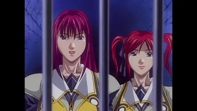 Two girls with long red hair and school uniforms are standing behind vertical iron bars in a dungeon-like setting. Screenshot from Discipline - Episode 3