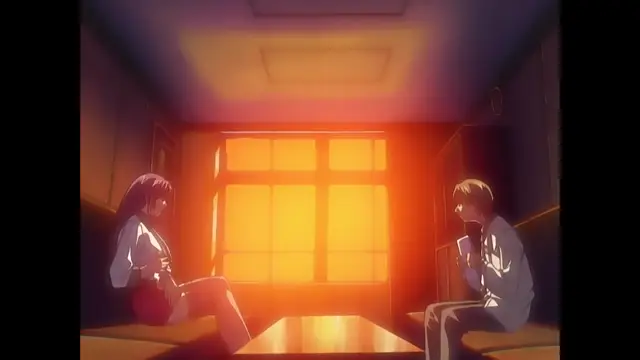 A girl with long dark hair and a boy with short brown hair sit opposite each other in a dim room illuminated by a bright orange glow from a window, both looking downcast and contemplative. Screenshot from Discipline - Episode 4
