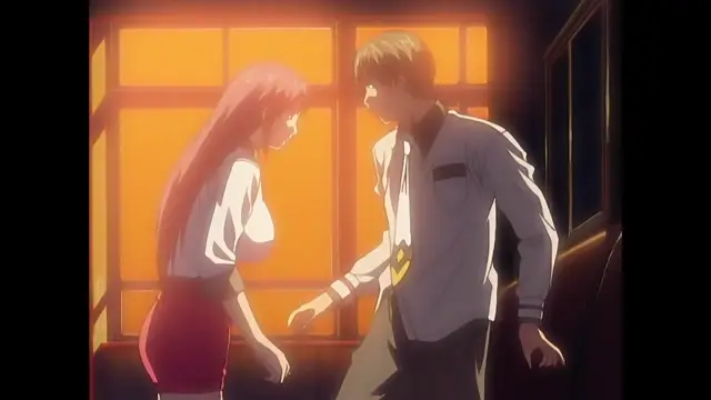 A woman in a white shirt and red skirt stands close to a man in a white dress shirt and tie inside a dimly lit room with a window behind them. Screenshot from Discipline - Episode 4