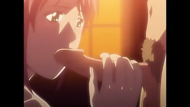 A woman with orange hair and a stunned expression holds a large penis in her mouth while the scene is bathed in a warm, golden light. Screenshot from Discipline - Episode 4