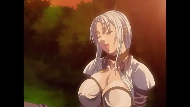 A white-haired woman with large breasts and a collar looks down with her mouth open, wearing a white blouse and a black choker in a forest setting. Screenshot from Discipline - Episode 4