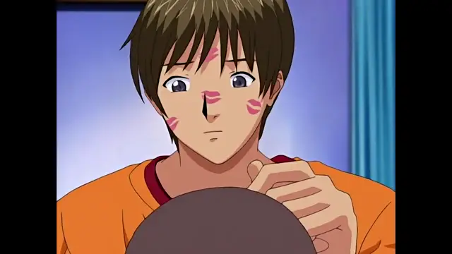 An anime boy with short brown hair and pink facial markings looks surprised while holding a dark grey object in front of his chest. Screenshot from Discipline - Episode 4