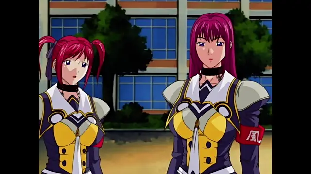 A girl with red pigtails and a woman with long pink hair stand side-by-side outdoors, both wearing identical blue, yellow, and silver armored outfits. Screenshot from Discipline - Episode 4