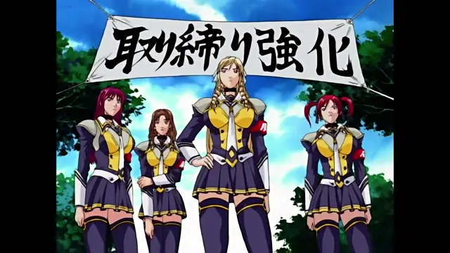 A blonde woman in a blue and gold military uniform stands in the center with three other women in similar outfits, posing in front of a banner that reads "月ノ姉妹強化" in Japanese. Screenshot from Discipline - Episode 4