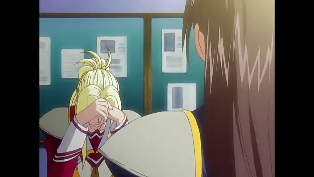 A blonde woman in a red and white uniform sits with her head in her hands in distress while facing a dark-haired male character from a back-view perspective in an office setting. Screenshot from Discipline - Episode 4