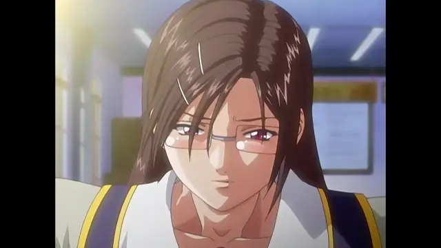 A woman with brown hair and glasses wearing a school uniform looks down with a solemn expression. Screenshot from Discipline - Episode 4