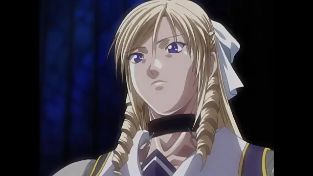 A blonde girl with long pigtails and a white bow stands in a dark interior, looking forward with a serious expression. Screenshot from Discipline - Episode 4