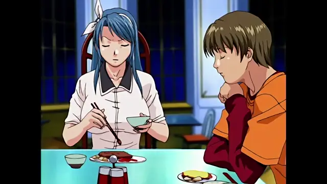 A girl with blue hair and a white dress sits at a table eating food with chopsticks while a man in an orange shirt watches her with a sleepy expression. Screenshot from Discipline - Episode 4