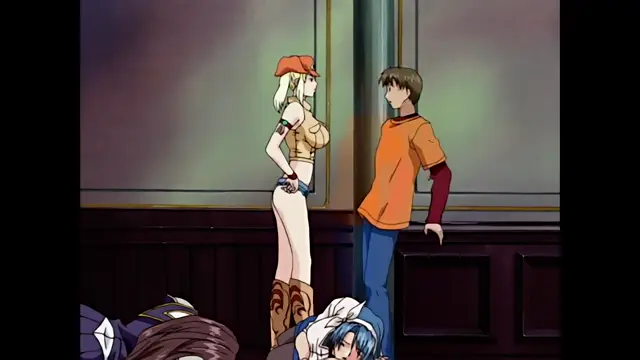 A blonde woman in a white outfit and orange hat stands next to a man in an orange shirt, while two other characters lie on the floor in front of them in a room with dark wooden paneling. Screenshot from Discipline - Episode 4