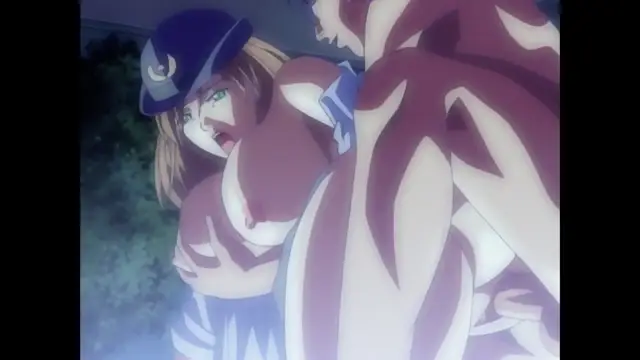 A woman in a blue police officer hat and uniform is being pressed against a wall by a large, muscular man with markings on his skin. Screenshot from Discipline - Episode 5