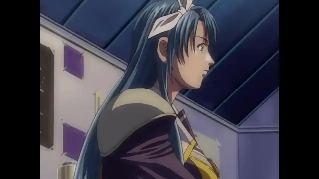 A close-up shot of an anime girl with long blue hair, a white headband, and a dark purple and gold outfit, looking off to the side with a serious expression. Screenshot from Discipline - Episode 5