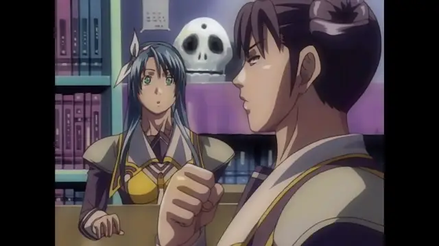 A young woman with long blue hair and a small hairclip looks up with a surprised expression at a dark-haired man in a white and gold outfit who is standing very close to her in a room filled with bookshelves and a skull on a shelf. Screenshot from Discipline - Episode 5