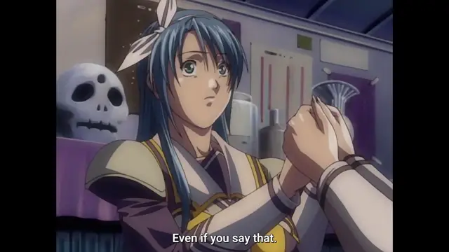 A close-up shot of a girl with long blue hair and a white headband looking concerned as she holds her hands together, with the subtitle "Even if you say that." appearing at the bottom. Screenshot from Discipline - Episode 5