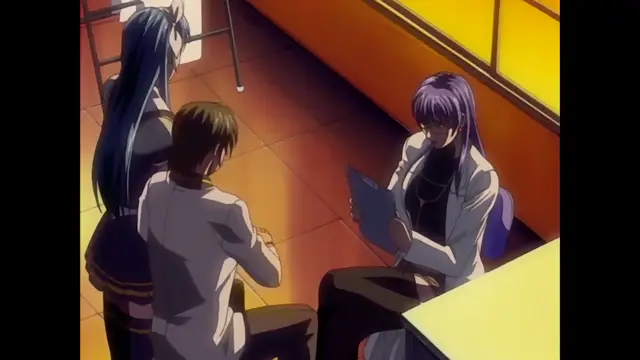 A long-haired man in a white shirt sits on a chair across from a woman in a white jacket and black outfit who is holding a blue folder, while another woman with long blue hair stands behind the man in a classroom setting. Screenshot from Discipline - Episode 5
