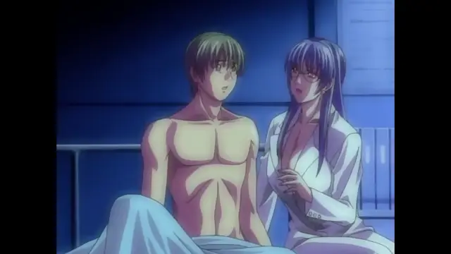 A shirtless man and a woman in a white robe sit together on a bed in a dimly lit room, looking at each other with surprised expressions. Screenshot from Discipline - Episode 5