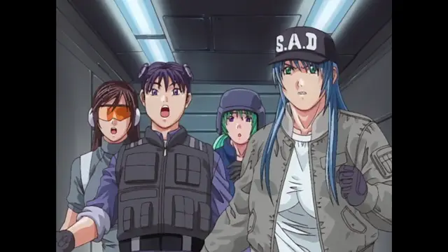 A group of four shocked characters, including a man in a tactical vest and a woman in a baseball cap, stand in a metallic hallway. Screenshot from Discipline - Episode 6