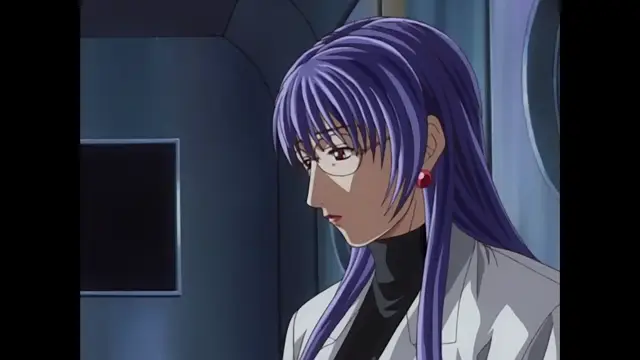 A long-haired woman with purple hair and red earrings looks off to the side with a serious expression while wearing a white lab coat and black turtleneck. Screenshot from Discipline - Episode 6