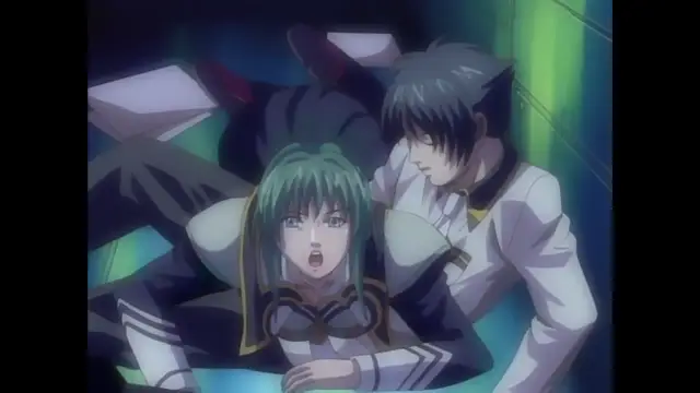 A shocked anime girl with green hair lies on a floor with her mouth open while a black-haired male character leans over her. Screenshot from Discipline - Episode 6