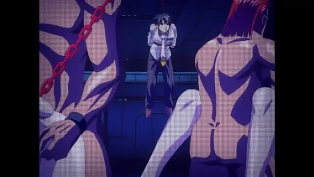 A muscular man with red hair stands in the foreground of a dark room with his back turned, facing a woman in a white outfit who is being held captive by several other muscular men, including one on the left who is chained to a wall. Screenshot from Discipline - Episode 6