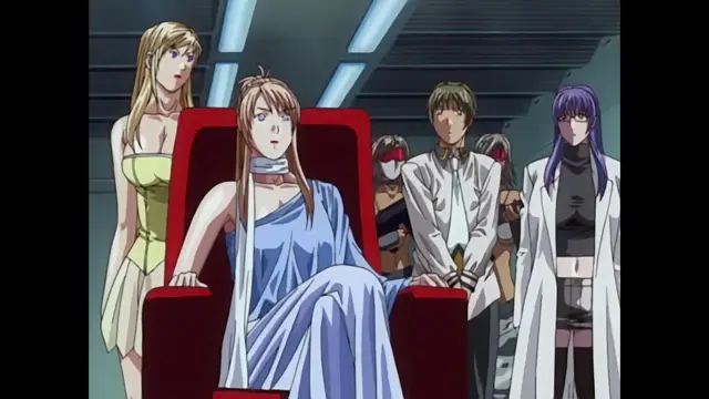 A brown-haired woman in a blue dress sits on a red throne while being flanked by three other characters in a futuristic setting. Screenshot from Discipline - Episode 6