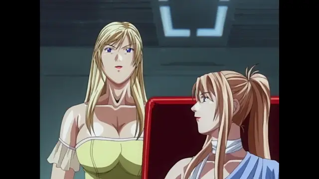 A blonde woman in a yellow dress stands next to a seated woman with brown hair in a blue dress, both looking towards each other with concerned expressions. Screenshot from Discipline - Episode 6