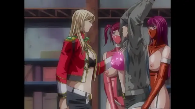 In a library-like setting, a blonde woman in a red military-style jacket confronts a man who is being held upright by his arms by two red-clad women while a third woman in a red jacket stands before him. Screenshot from Discipline - Episode 6