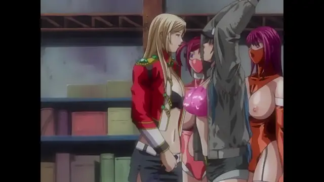 A blonde woman in a red jacket stands facing a woman in a grey hoodie who has her arm raised, while two other women in bikinis and masks stand nearby in a room filled with bookshelves. Screenshot from Discipline - Episode 6