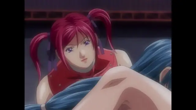 A red-haired anime girl with pigtails looks over the shoulder of a blue-haired character who is lying on their stomach. Screenshot from Discipline - Episode 6