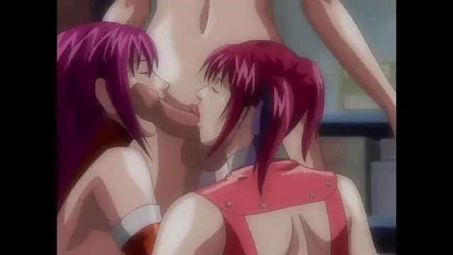 Two purple-haired anime girls with pink hair accessories face each other and kiss while a third, nude anime woman stands behind them, facing the viewer. Screenshot from Discipline - Episode 6