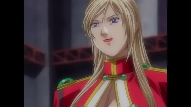 A blonde woman with purple eyes and a smug expression wears a red and gold military-style uniform with a plunging neckline that reveals her breasts. Screenshot from Discipline - Episode 6
