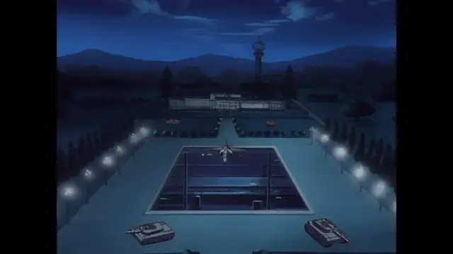 A girl lies face down on a large outdoor swimming pool at night, surrounded by rows of lights and a cityscape background. Screenshot from Discipline - Episode 6