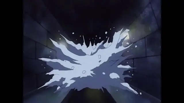 An anime-style explosion of white liquid or semen splatters across a dark stone corridor. Screenshot from Discipline - Episode 6