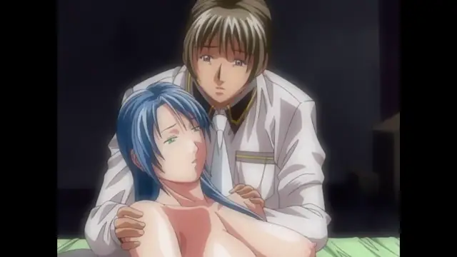 A man in a white school uniform leans over a blue-haired woman who is lying down and topless, with his hand on her shoulder as she looks up at him with a dazed expression. Screenshot from Discipline - Episode 6
