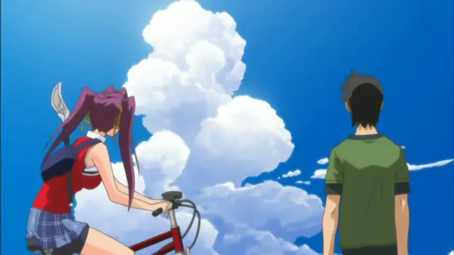 A girl with long purple hair in a red and blue school uniform leans forward on a bicycle while looking towards a boy in a green t-shirt standing in front of a bright blue sky with large white clouds. Screenshot from Mama Puri!? - Episode 1
