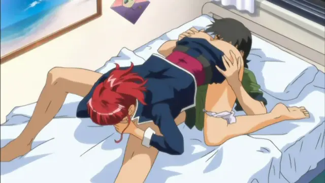 A girl with red hair in a school uniform is on top of a shirtless boy with black hair, who is lying on a bed in white sheets. Screenshot from Mama Puri!? - Episode 1
