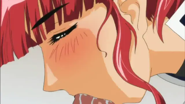 A close-up of a blushing anime girl with red hair and closed eyes, appearing to be in a state of intense pleasure or arousal. Screenshot from Mama Puri!? - Episode 1