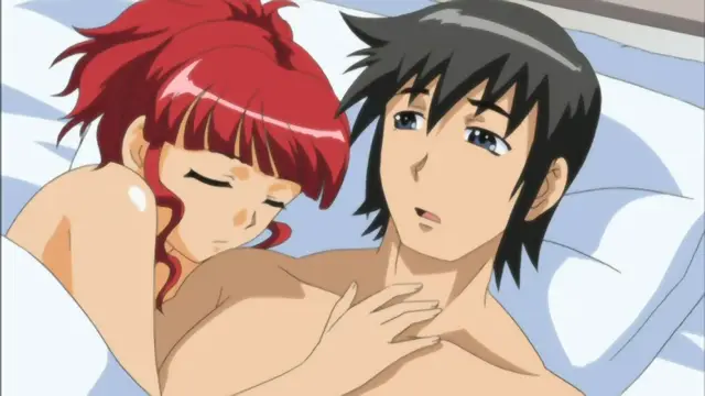 A red-haired girl with closed eyes rests her head on a black-haired man's shoulder while lying in bed together. Screenshot from Mama Puri!? - Episode 1