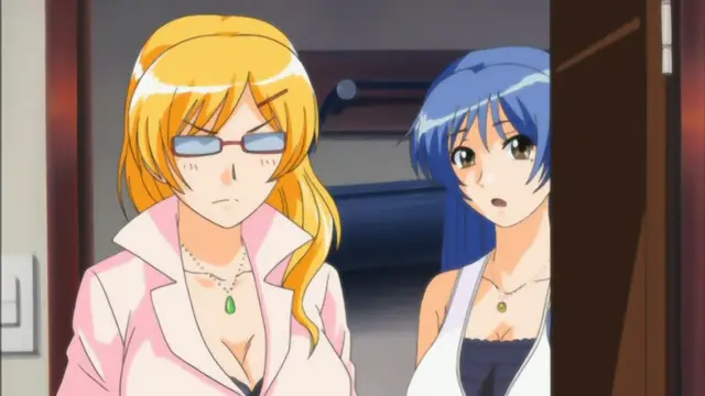 A blonde woman wearing glasses and a pink blazer stands next to a blue-haired woman in a white vest, both looking surprised and concerned in a dimly lit room. Screenshot from Mama Puri!? - Episode 1