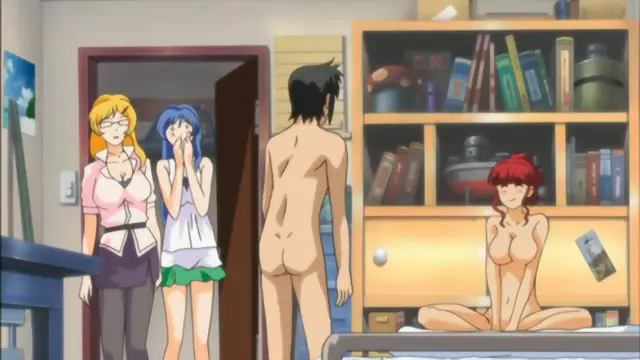 A naked man with black hair stands in a room facing a nude woman with red hair sitting on a bed, while a blonde woman in a pink top and a blue-haired girl in a white dress stand in the doorway looking on in shock. Screenshot from Mama Puri!? - Episode 1
