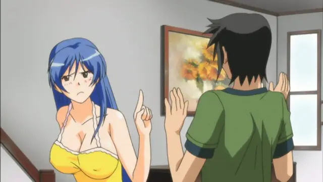 A blue-haired woman in a yellow bikini top lectures a man in a green shirt while he stands with his hands up against a wall next to a painting. Screenshot from Mama Puri!? - Episode 1