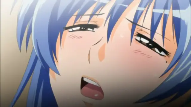 A close-up shot of a blue-haired anime girl with a flushed face and heavy eyelids, looking dazed or overwhelmed as she opens her mouth in a state of arousal. Screenshot from Mama Puri!? - Episode 1