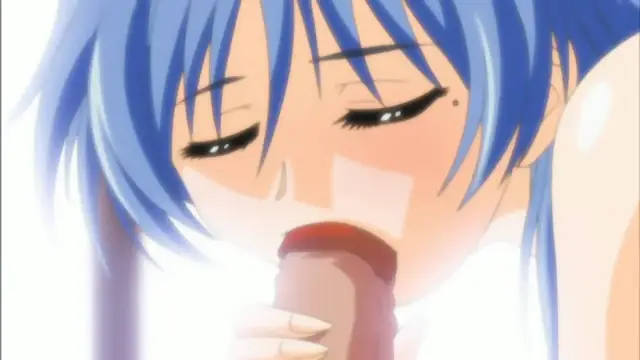 A blue-haired anime girl with heavy blush on her cheeks and closed eyes is depicted performing oral sex on a large penis. Screenshot from Mama Puri!? - Episode 1