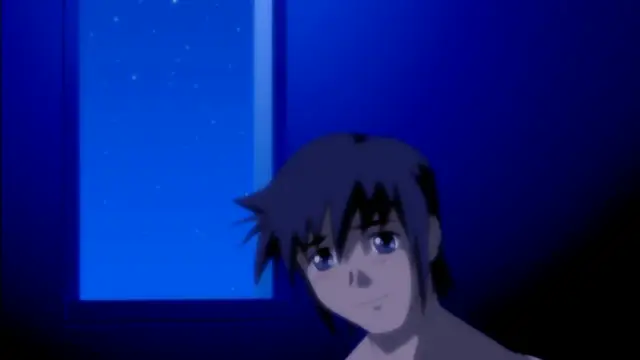 A close-up shot of a male anime character with messy dark hair and blue eyes looking slightly upwards with a subtle smile against a dark blue background featuring a window with a starry night view. Screenshot from Mama Puri!? - Episode 2