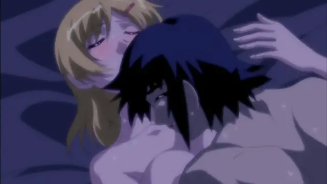 A blonde girl and a dark-haired man are lying together in bed, with the girl's face pressed against his chest as they appear to be engaging in sexual activity. Screenshot from Mama Puri!? - Episode 2