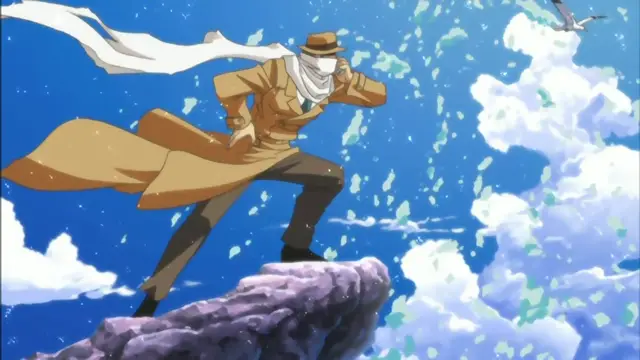 A man in a tan trench coat and fedora stands on a rocky cliff overlooking a blue ocean with white clouds and a seagull. Screenshot from Mama Puri!? - Episode 2