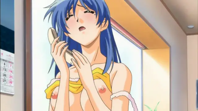 A blue-haired anime girl with a dazed expression sits indoors, holding a telephone to her ear while wearing a yellow bikini top. Screenshot from Mama Puri!? - Episode 2