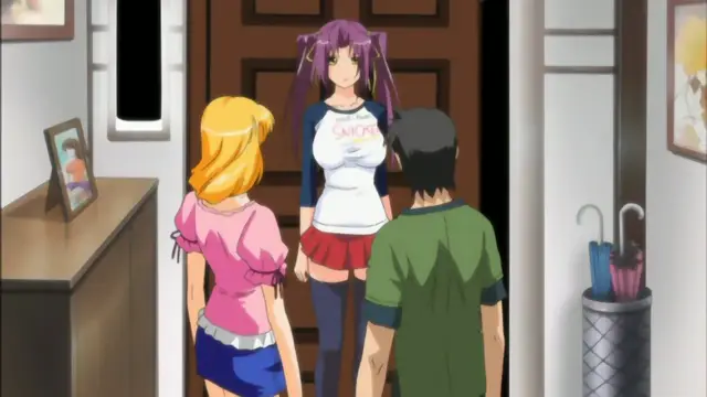 A girl with long purple hair and a white t-shirt stands in a doorway facing a blonde girl in a pink top and a man in a green shirt. Screenshot from Mama Puri!? - Episode 2
