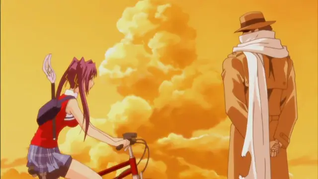 A high school girl with long purple hair and a school uniform on a bicycle stands before a tall man in a trench coat and hat against a sunset background. Screenshot from Mama Puri!? - Episode 2