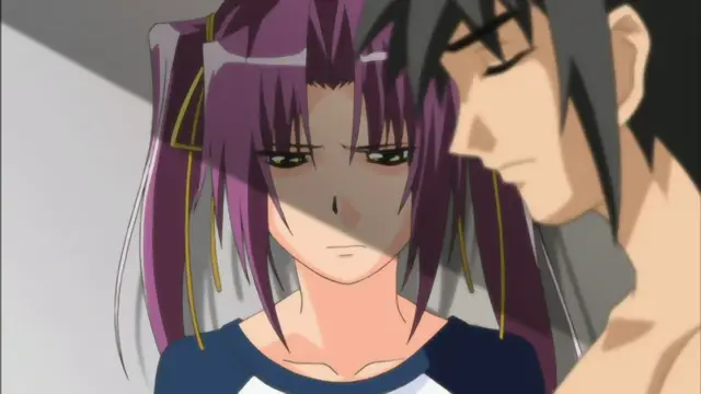 A woman with long purple hair and a frustrated expression looks up at a shirtless man with black hair standing closely over her. Screenshot from Mama Puri!? - Episode 2